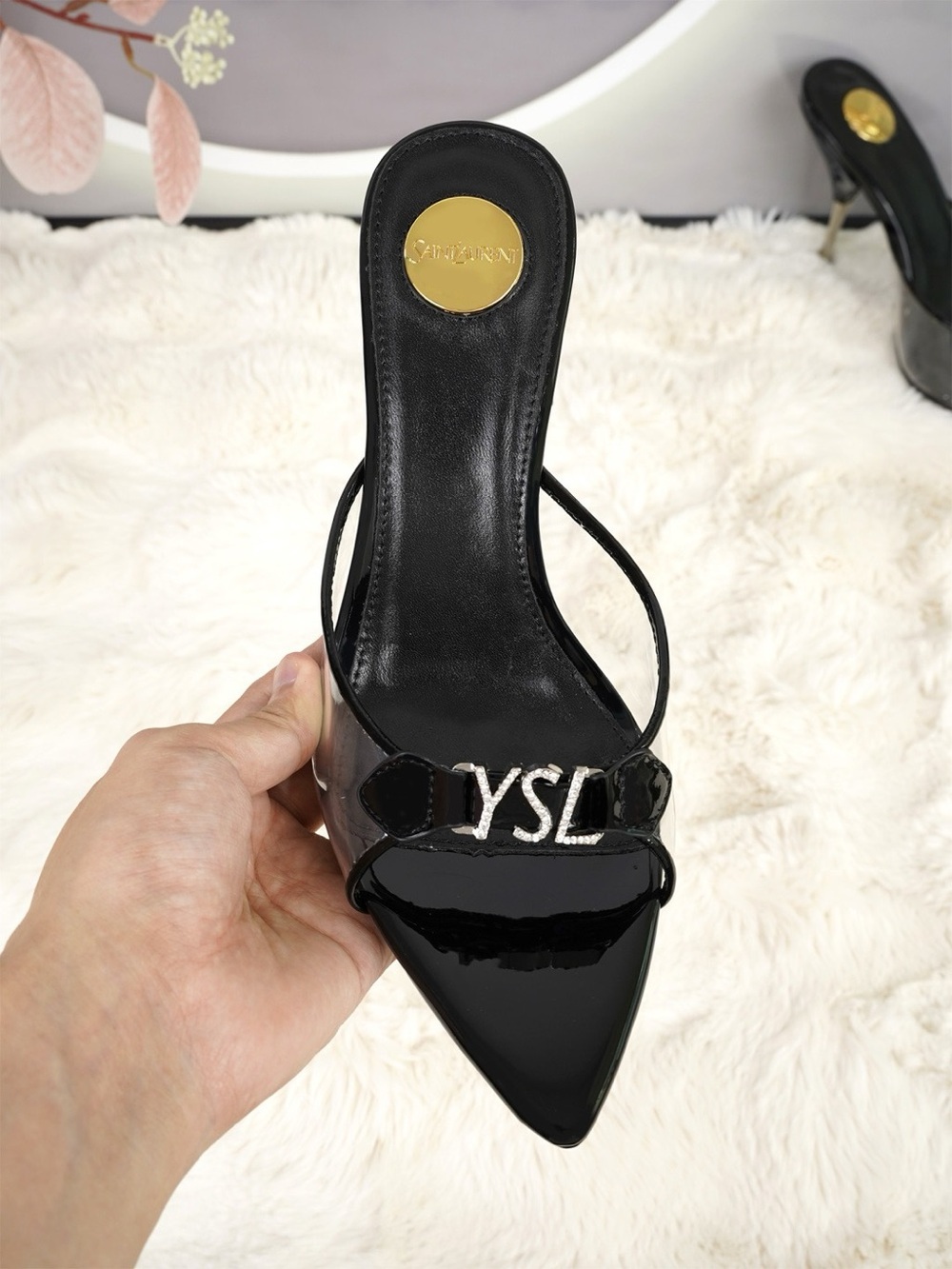 Yves Saint Laurent Black Patent Leather Pointed Toe Logo Mule